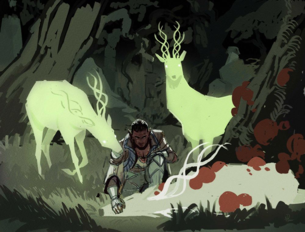 Davrin from Dragon Age: The Veilguard kneeling over a blighted halla. Two glowing, pale green halla stand behind him. The one on the left is leaning over his shoulder and the one on the right is looking directly at the viewer. The background is a rough painting of Arlathan Forest.