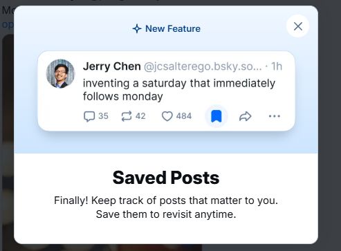 A screenshot of the welcome notification letting me know that we can now save posts to keep track of those posts that matter most to me. 