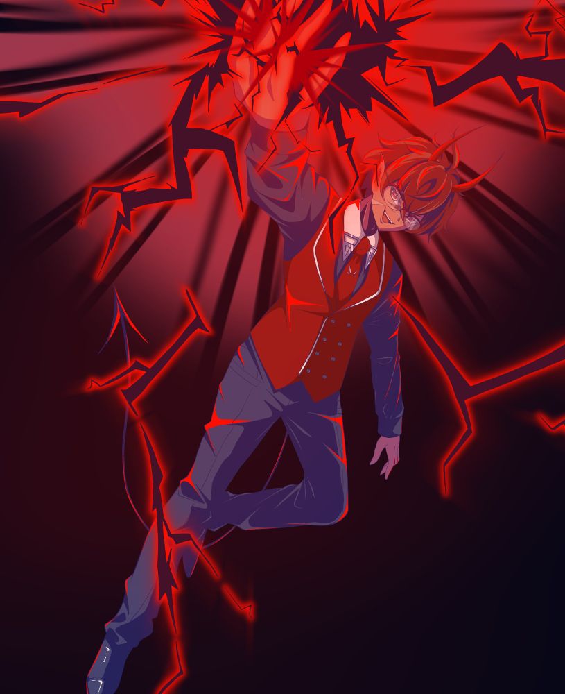 A man dressed in a black shirt and pant with a red vest and tie with glasses and devil horns with lighting in his hands