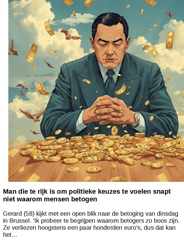 Man die te rijk is om politieke keuzes te voelen snapt niet waarom mensen betogen -- Gerard (58) kijkt met een open blik naar de betoging van dinsdag in Brussel. ‘Ik probeer te begrijpen waarom betogers zo boos zijn. Ze verliezen hoogstens een paar honderden euro’s, dus dat kan het…