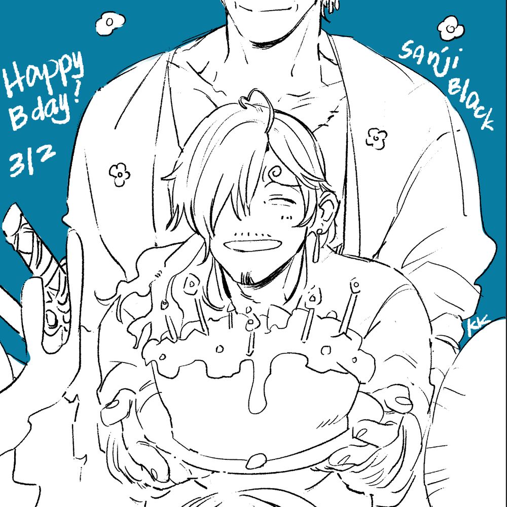 Sanji smiling holding his cake from the crew while Zoro looks on proud