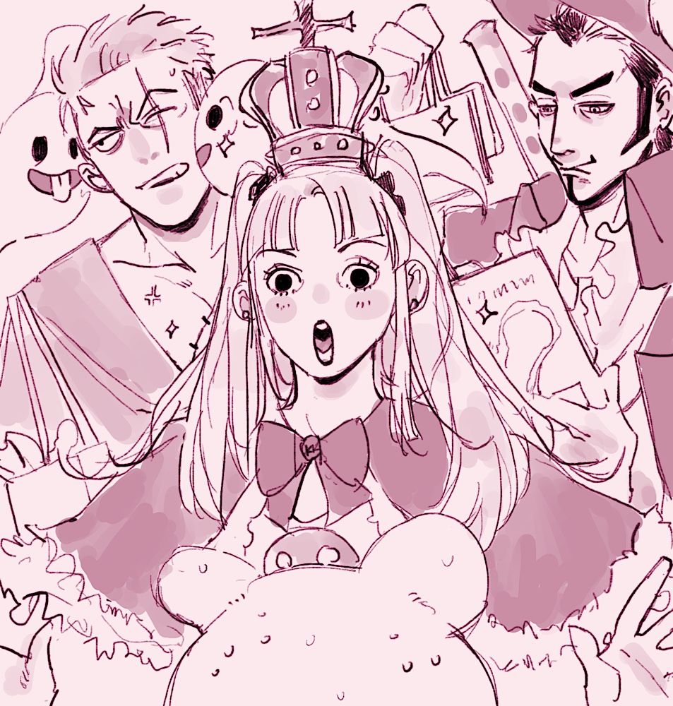 Zoro, Perona, Mihawk in a shopping trip (mostly Perona gawking at cute things, Mihawk paying for them, and Zoro carrying everything)