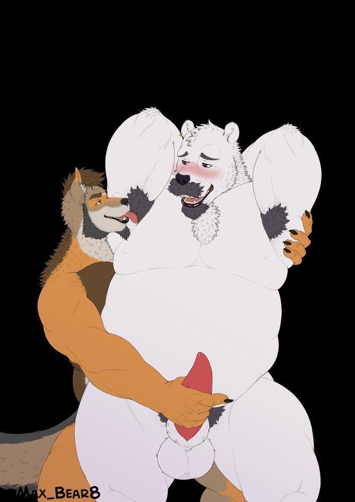 Jhonny, a coyote, is helping Boreas, a polar bear, out with his daily release by playing with his armpit fur. He's delicately holding his cock as he licks around the soft fur.
