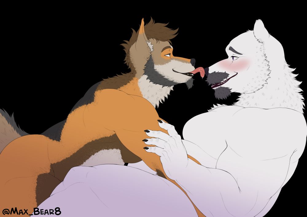 Jhonny and Boreas are embracing each other, with Jhonny giving the polar bear an affectionate lick to his nose