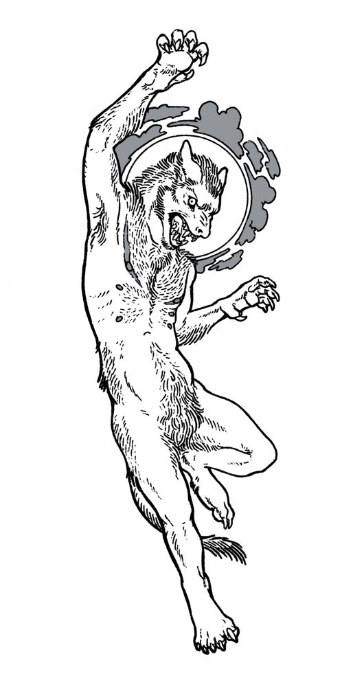 A black and white lineart picture of a werewolf with top surgery scars leaping up with their right claw stretched above their head.  Behind them is a ring of moonlight and clouds that resemble a halo.