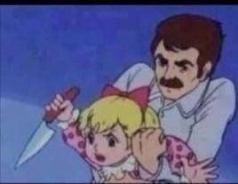 Cartoon showing little angry blonde girl with knife being held back by man with mustache