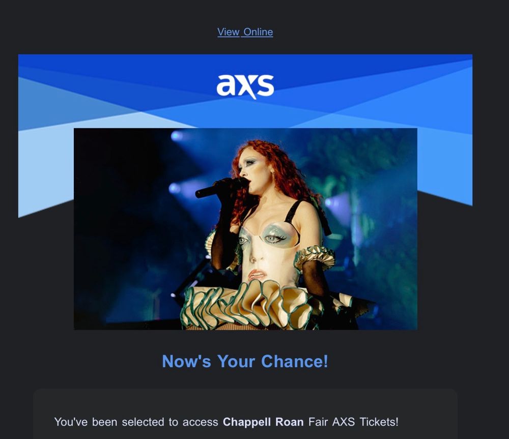Screenshot of Alix getting an email from axs to buy tickets for Chappell roan 