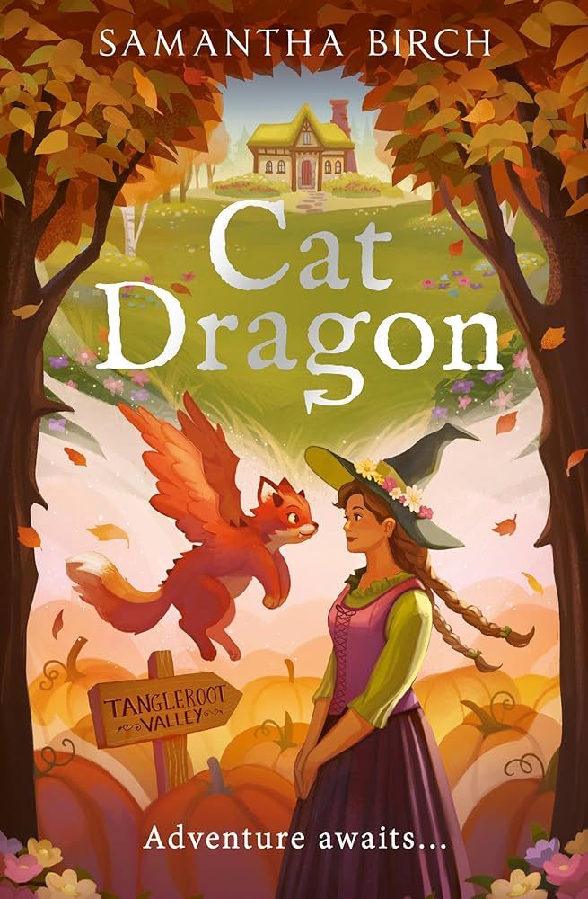 Book cover showing a cat dragon hybrid animal and a woman standing between two trees with orange fall leaves. 

