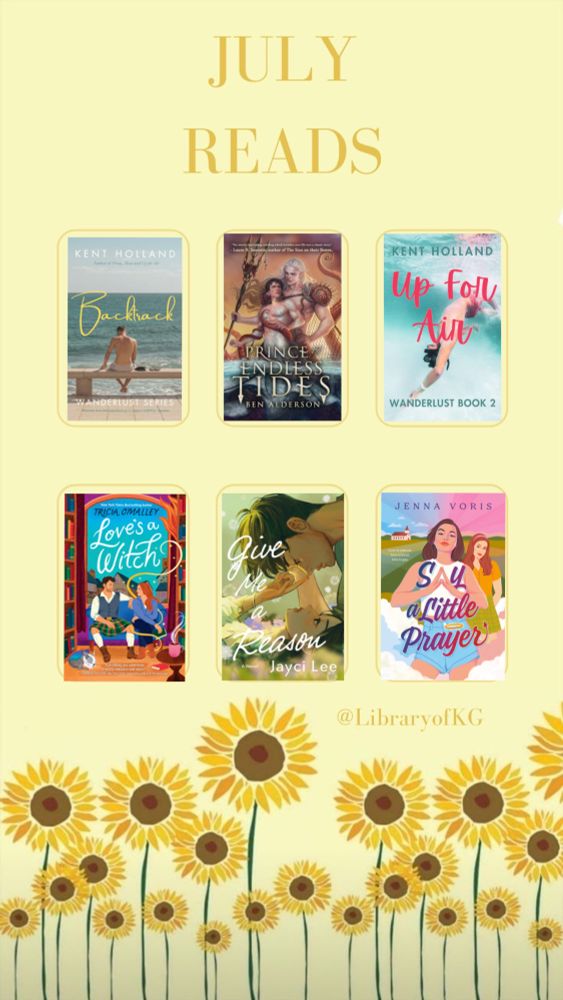 July reads template. It shows a yellow background with sunflowers at the bottom. 

In the middle there’s six book covers 