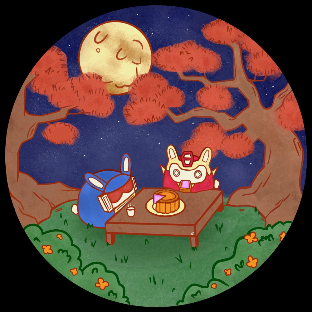 soundwave bunny and rodibun having mooncake under the moon
