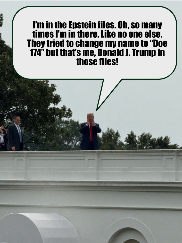 Donald Trump standing on the roof of the briefing room of the White House cupping his hands around his mouth shouting "I’m in the Epstein files. Oh, so many times I’m in there. Like no one else. They tried to change my name to “Doe 174” but that’s me, Donald J. Trump in those files!"