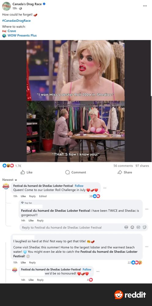 Screenshot from reddit about Canada's Drag Race & Shediac, & Sami Landry
