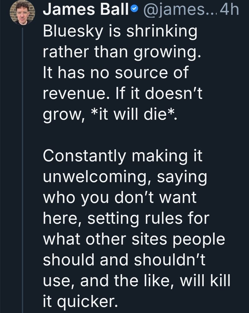 Dork. Text reads this guy is shrinking rather than growing.It is no source of revenue if it doesn't grow.It will die constantly making it unwelcoming, saying who you don't want here, sitting rules for what other sites people should and shouldn't use and the like, willl kill it clicker