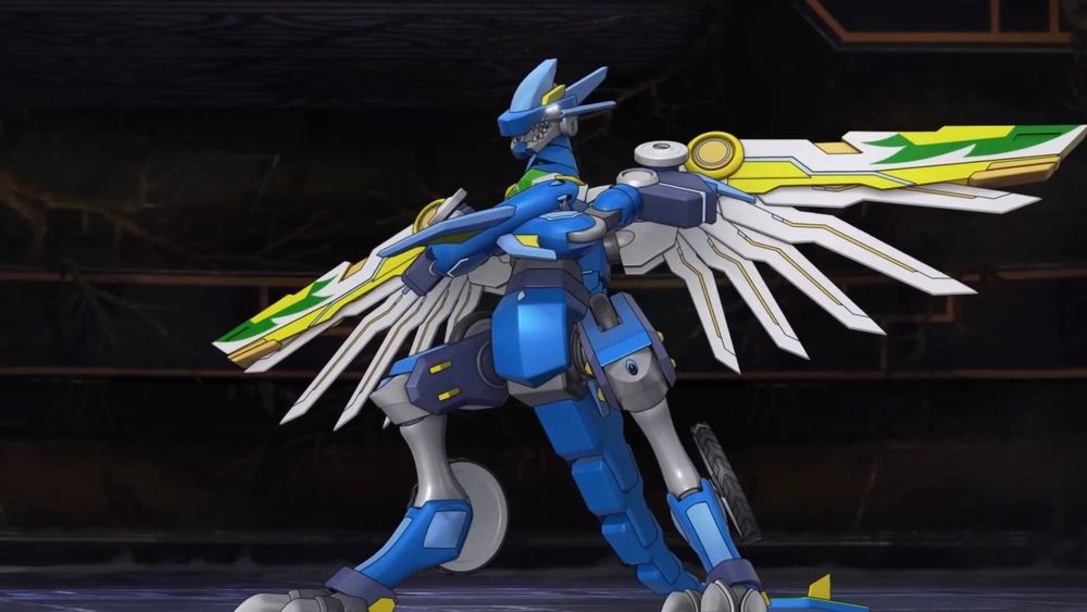 Image of Shadow Wind, blue dragon like screecher with white wings from Screechers Wild 3, his arms is crossed.