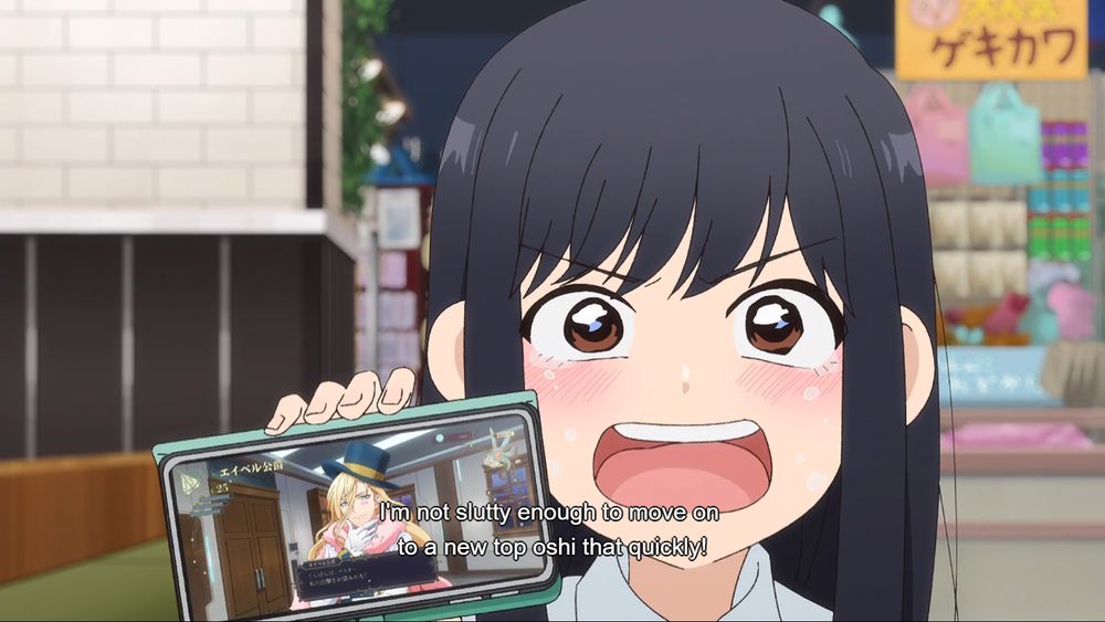 A screenshot of the anime "See You Tomorrow at the Food Court". It is Wada saying "I'm not slutty enough to move on to a new top oshi that quickly!" while crying