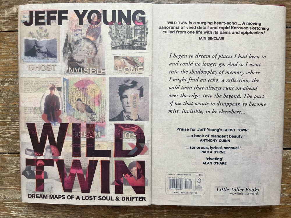 Image shows front and back cover of Jeff Young's WILD TWIN. Collaged images, text about the book, quotes from various writers.