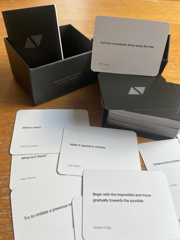 Image shows a box of cards / a tribute to Eno’s Oblique Strategies 