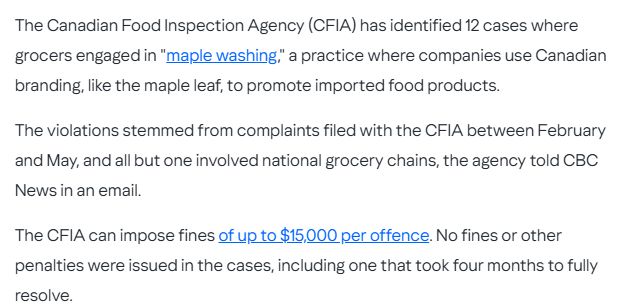 The Canadian Food Inspection Agency (CFIA) has identified 12 cases where grocers engaged in 