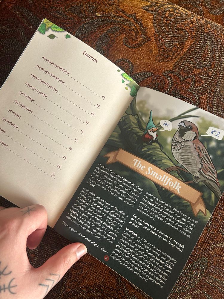 Inside contents and illustrations showing a small gnome with a finch bird 