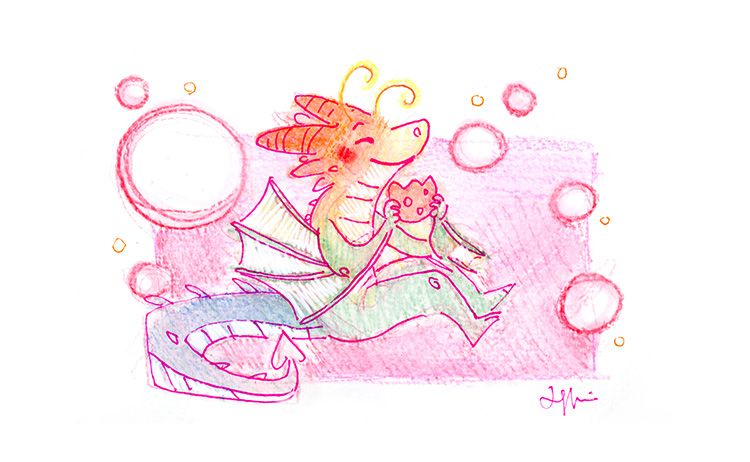 Watercolor pencil sketch of Suds enjoying a cookie