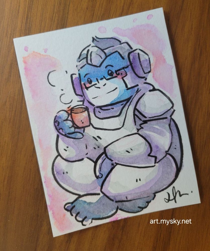 tiny watercolor painting of Winston from Overwatch enjoying a small mug of tea