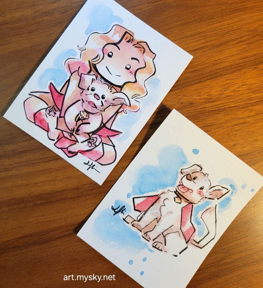 tiny watercolor paintings of Kara and Krypto from the new Superman movie