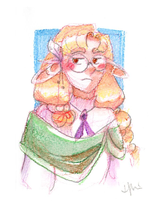Watercolor pencil portrait of a grumpy elf with a long braid