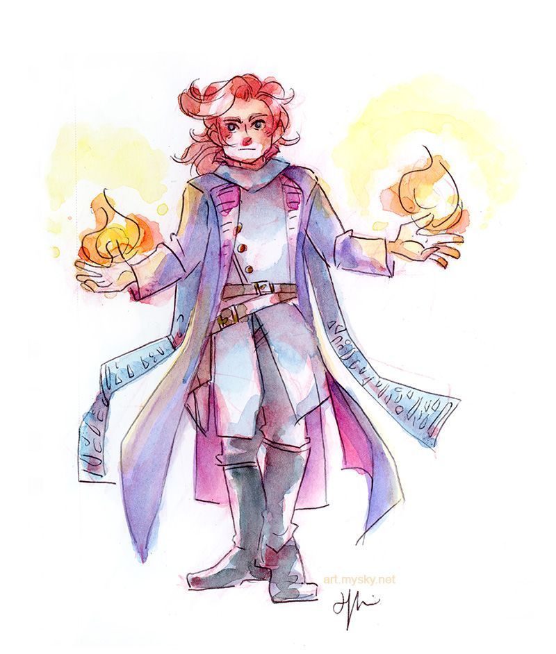 watercolor painting of Caleb Widogast with fire in his outstretched hands