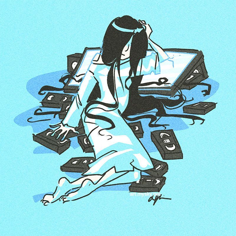 Digital Illustration of Samara from the Ring/Sadako from Ringu sprawled across a pile of VHS tapes