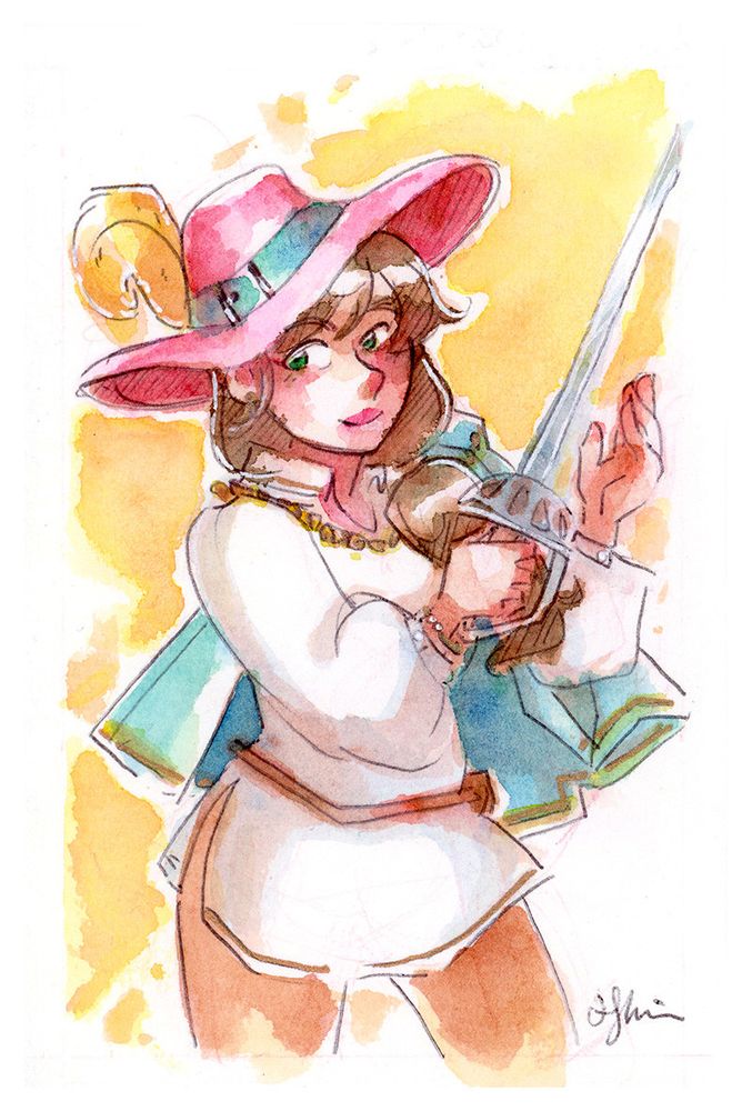 Watercolor painting of Genevieve brandishing her rapier