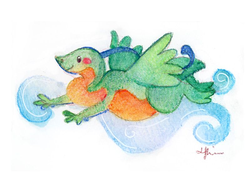 Watercolor pencil drawing of Phthalo the dragon flying free and easy