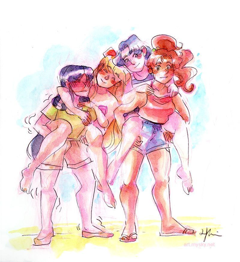 Watercolor painting of Rei and Makoto holding their girlfriends on piggyback