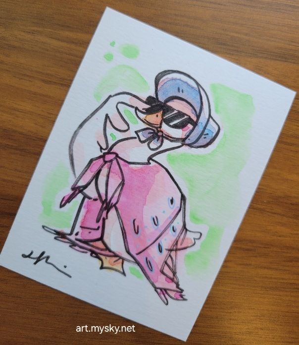 Watercolor of jemima puddleduck putting on cool shades