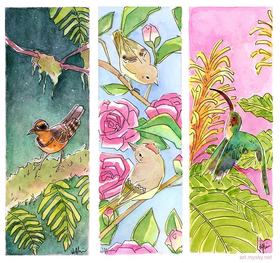 Three narrow watercolor paintings of birds with plants