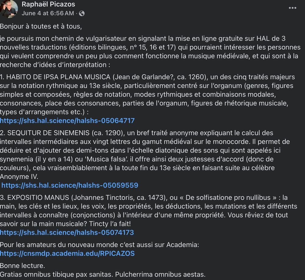 post facebook de Raphaël Picazos citant les 3 traités traduits, liens dans le blousque suivant