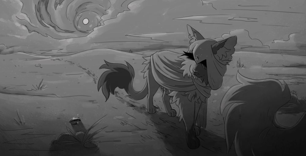 A loose sketch scene. The central character, a cat wearing a cloak, treks though a desert. Her face is obscured as she looks down at a piece of glittering obsidian.

This is an example of a sketch scene.