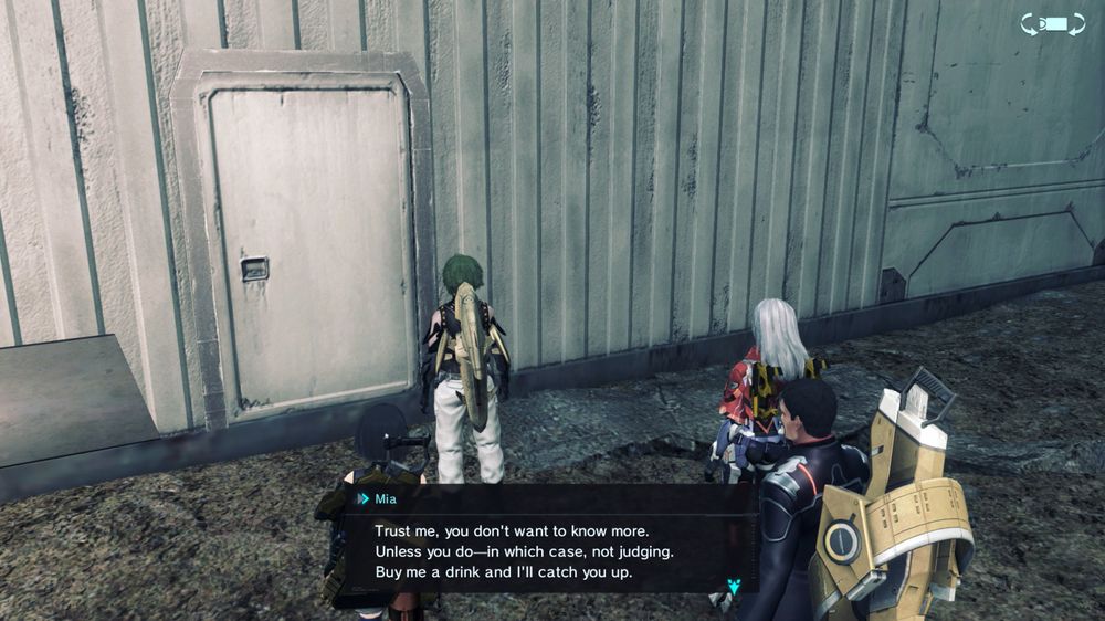 Xenoblade X screenshot: Mia, from behind a locked door in an underground alien hideout to the party: "Trust me, you don't want to know more. Unless you do--in which case, not judging. Buy me a drink and I'll catch you up."