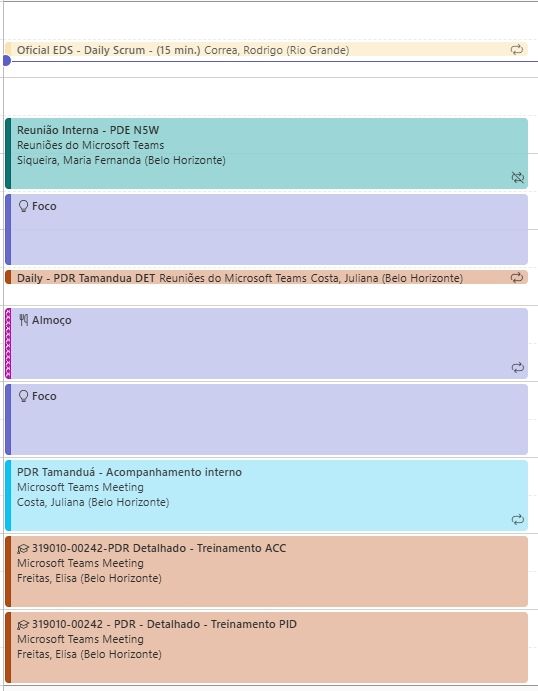 Imagem da agenda da agenda do teams com reuniões e atividades ininterruptas até o fim do dia. 