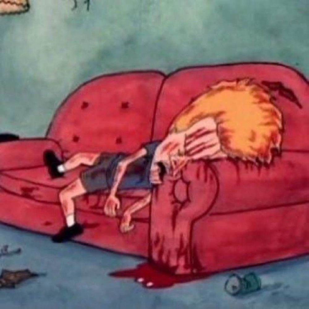 beavis dead and covered in blood on the couch.