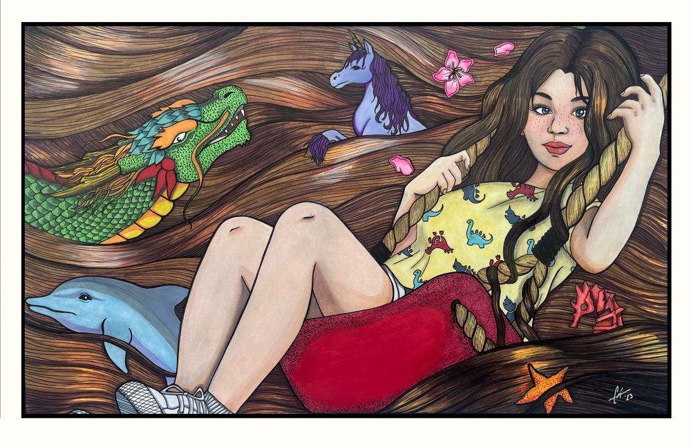 Color pencil & marker drawing of girl on swing surrounded by inner world of imagination 