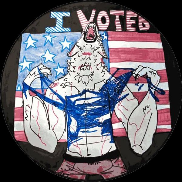An "I Voted" sticker showing a werewolf in front of an American flag, tearing off his shirt as he transforms
