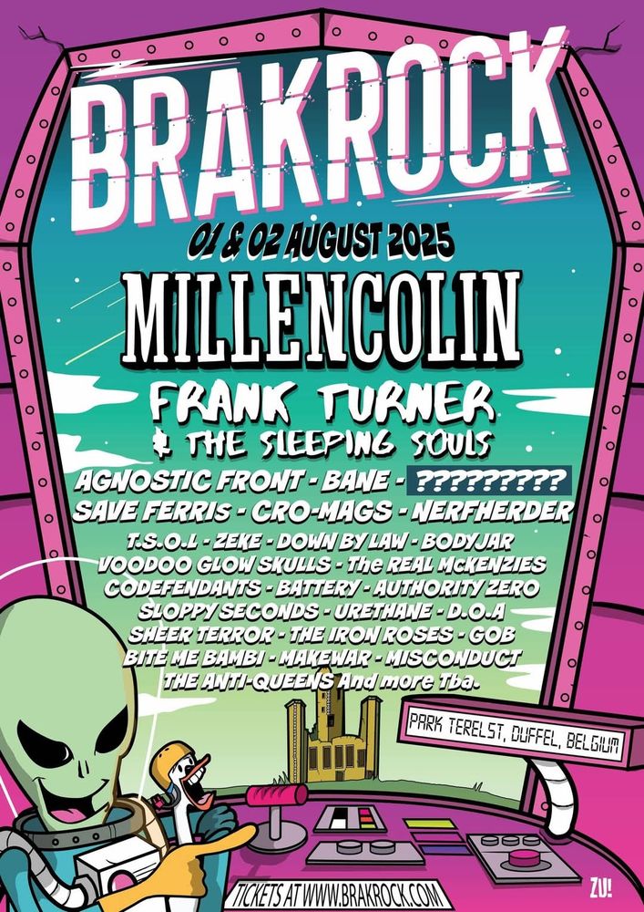 BrakRock festival announcement with bands like Millencolin, Frank Turner, Agnostic Front, Bane and many more. 1 & 2 August in Duffel, Belgium. 