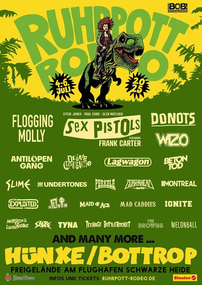Ruhrpott Rodeo Festival announcement with bands like Flogging Molly, Sex Pistols, Donots, Lagwagon, Wizo and many more.
July 4 to 6 at Hünxe, Bottrop. 