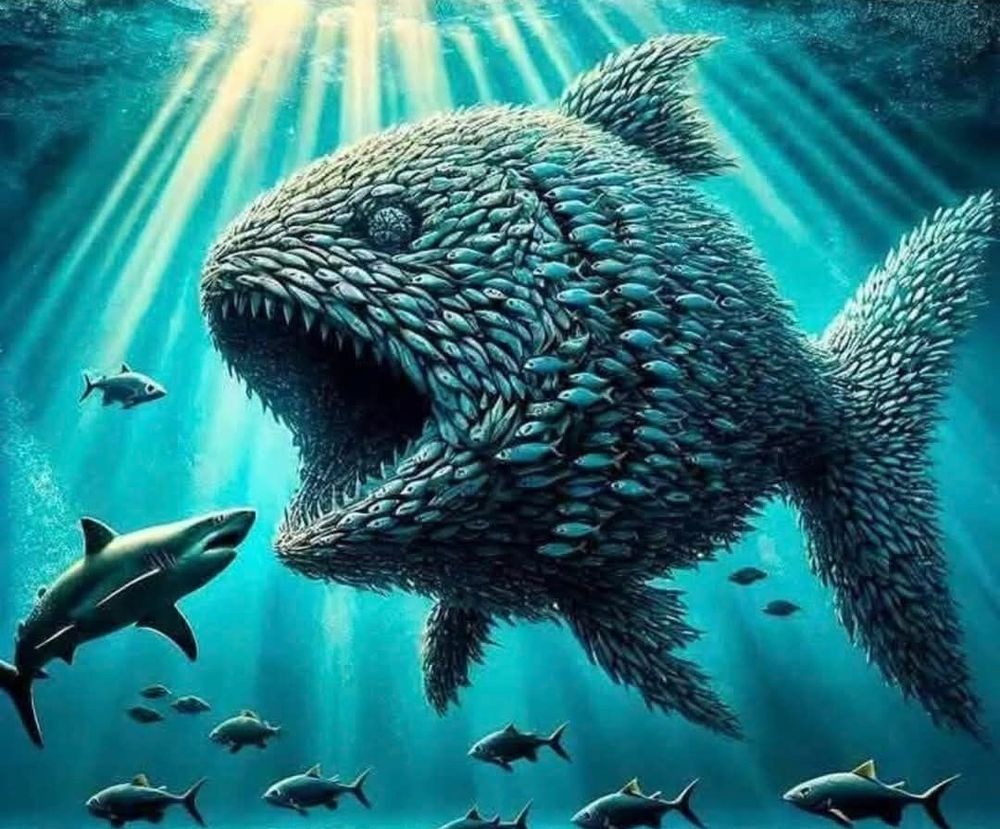 A mob of fish in the shape of a large fish looms over a shark
