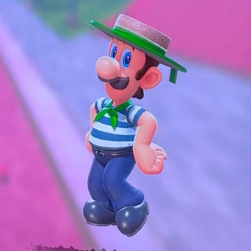 Mario's brother Luigi in a striped shirt and blue pants with a gondolier hat with a green ribbon 