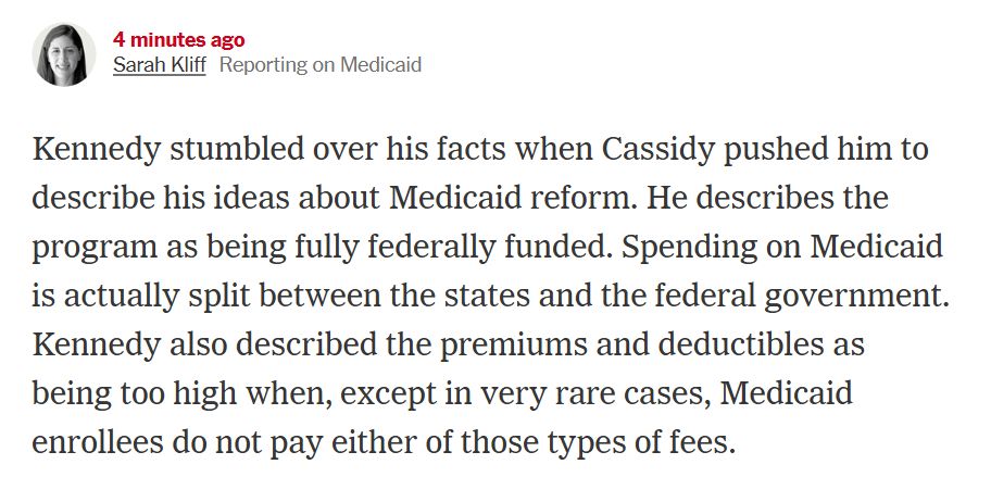 Kennedy stumbled over his facts when Cassidy pushed him to describe his ideas about Medicaid reform. He describes the program as being fully federally funded. Spending on Medicaid is actually split between the states and the federal government. Kennedy also described the premiums and deductibles as being too high when, except in very rare cases, Medicaid enrollees do not pay either of those types of fees.