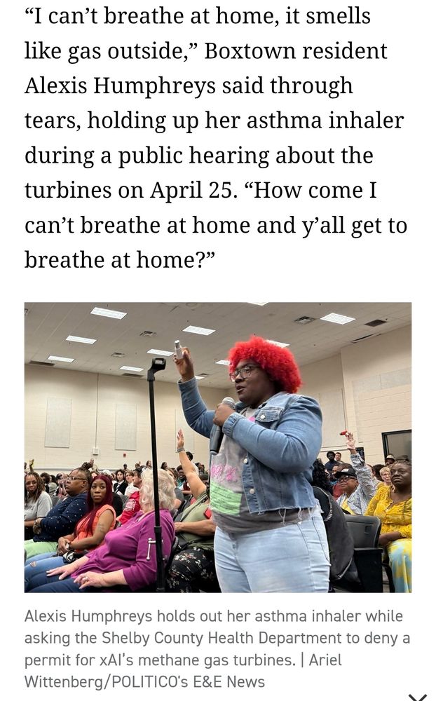 "HOW come can't breathe at home and y'all get tO breathe at home?""I can't breathe at home, it smells like gas outside," Boxtown resident Alexis Humphreys said through tears, holding up her asthma inhaler during a public hearing about the turbines on A April "HOW come can't breathe at home and y'all get tO breathe at home?"
Alexis Humphreys holds out her asthma inhaler while asking the Shelby County Health epartment rO deny a permit for XAl'S methane gas turbines. | Ariel Wittenberg/POLITICO's E&E News