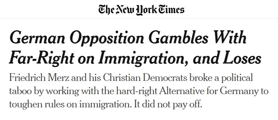 German Opposition Gambles With Far-Right on Immigration, and Loses
Friedrich Merz and his Christian Democrats broke a political taboo by working with the hard-right Alternative for Germany to toughen rules on immigration. It did not pay off.