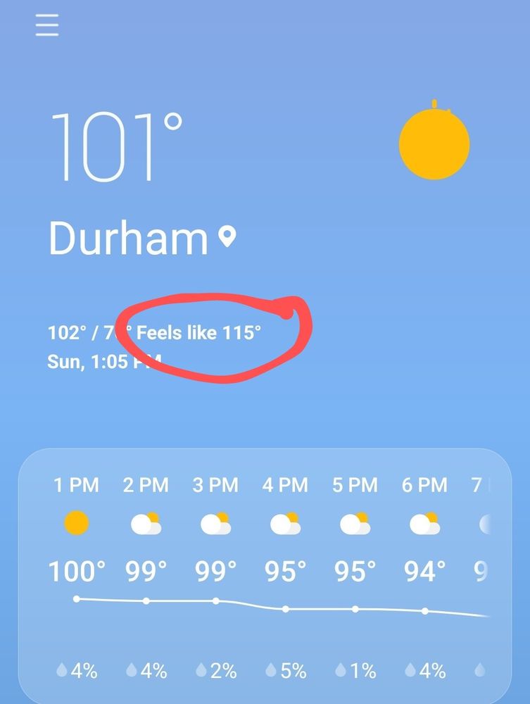 Weather app screenshot showing it feels like 115