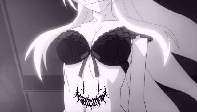 An anime girl with long white hair. Wearing a black bra with a scary smiley face on her tummy